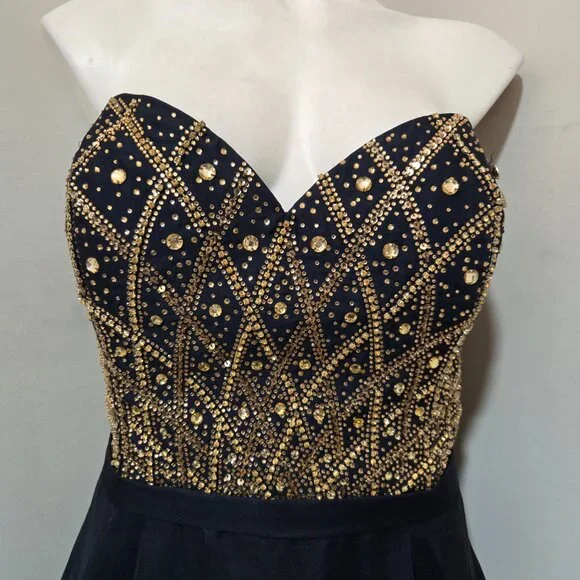 Sz 18 Alyce Paris 6573 Navy Chiffon Strapless Sweetheart Gown Gold Citrine Stone - Picture 4 of 12